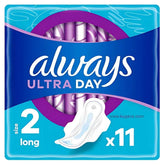 Always Ultra Day Long Wings by Always offers all-day protection with 11 pads per pack. The blue and purple pack features a pad illustration on the front.